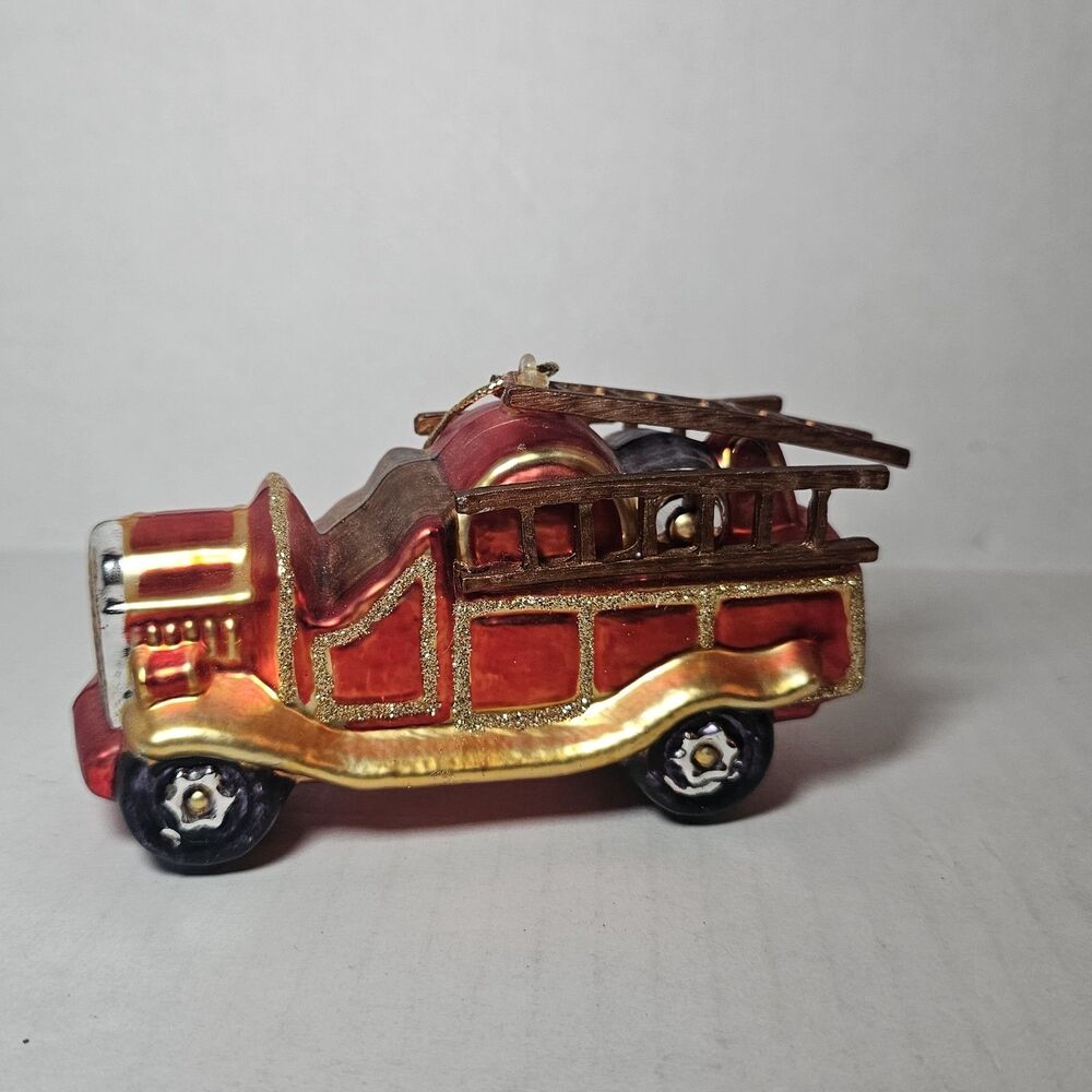 Vintage Style Blown Glass Fire Truck Ornament Red Gold Glitter Christmas Decor